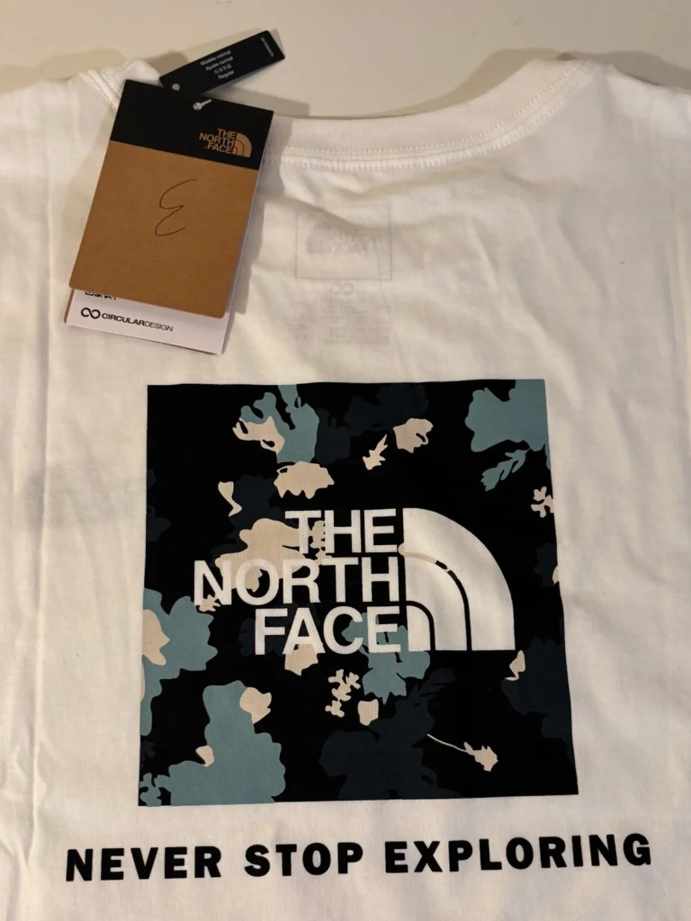 The North Face White Tee with Black & Blue Camo Logo in Size L BNWT